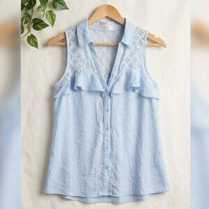 Candie’s Light Blue Sleeveless Lace Yoke Ruffle Button Down Top - Large